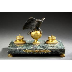 Important Inkwell In Green Marble And Gilt Bronze Empire Style