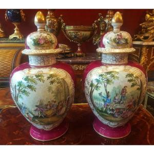 Pair Of Large Dresden Porcelain Vases