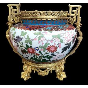 Cloisonné Enamel Flowerpot, Bronze Mount, Meiji Period, Japan