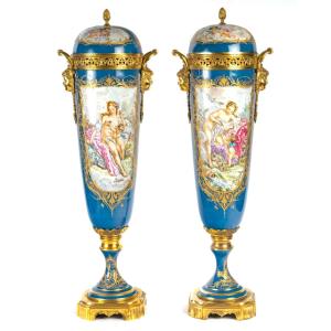 Pair Of Large Sèvres-style Porcelain Vases With Gilt Bronze Mounts