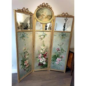Important Screen In Gilded Wood And Oil On Painted Canvas, Napoleon III Period 