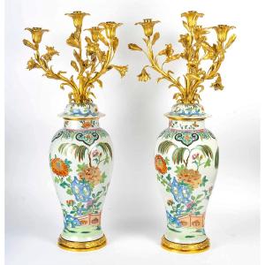 Pair Of Important Candelabra In Samson Porcelain And Gilt Bronze