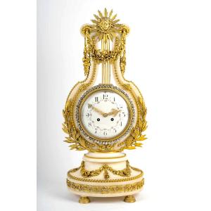 Important Lyre Clock In Gilt Bronze And White Marble, 19th Century 