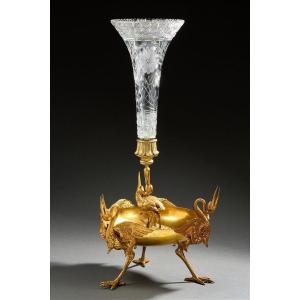 Important 19th-century Centerpiece In Gilt Bronze And Cut Crystal