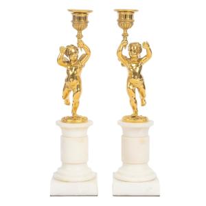 Pair Of 19th-century Gilt Bronze And White Marble Candlesticks