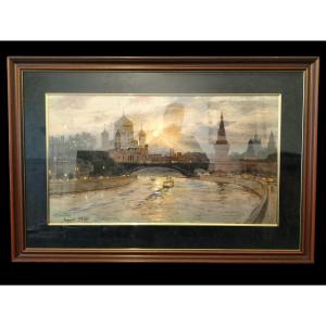 Andriyaka Sergey Nicolaevich Watercolor "view Of Moscow" Russian Painting 