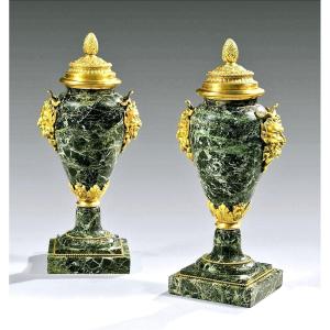 Pair Of Large Cassolettes In Sea-green Marble And Gilt Bronze