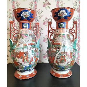 Pair Of Large Kutani Porcelain Vases From Japan