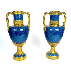 Pair Of Porcelain And Gilt Bronze Vases Attribued To Paul Millet Sèvres