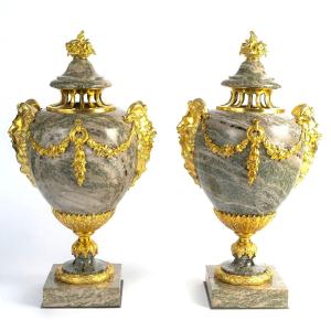 Pair Of Multicolored Green Granite And Gilt Bronze Cassolettes Late 19th Century