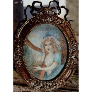 Mirlet (late 19th Century): Miniature "girl Playing The Harp"