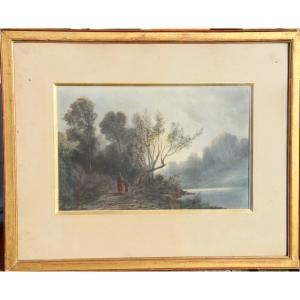 C. Lahaute (?) : "large Romantic Watercolor River Edge"