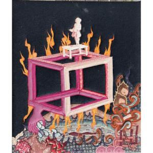 French School 1970s : "surrealist Tapestry II With Escher's Cube"