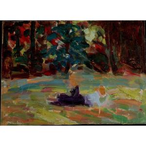 French School Circa 1930 : "reading In The Grass"