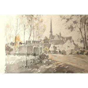 French School Circa 1920 : "the Entrance To The Village"