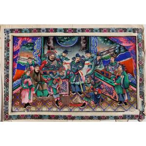 Canton School : "pair Of Large Paintings On Rice Paper"