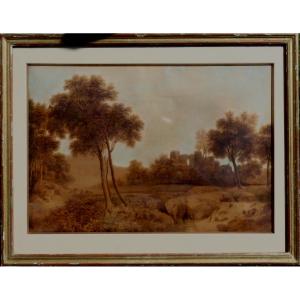 French School Circa 1820 : "romantic Landscape With Ruins"