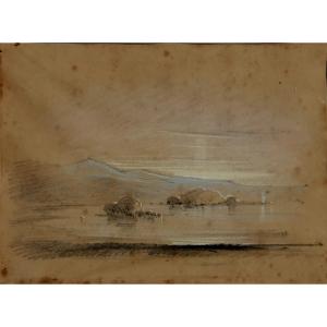 19th Century Romantic School : "lake At Sunset"
