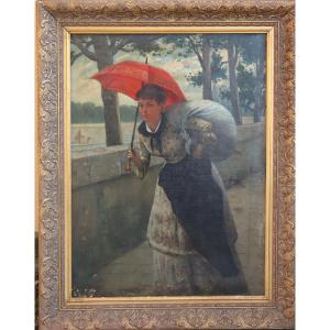 French School Circa 1900 : "the Red Umbrella"