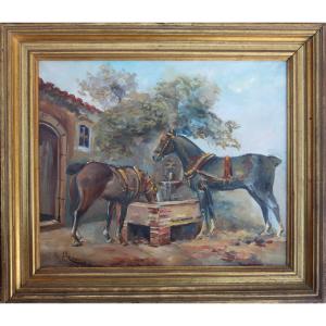 Josep Cusachs I Cusachs (attributed To) : “horses At Watering”