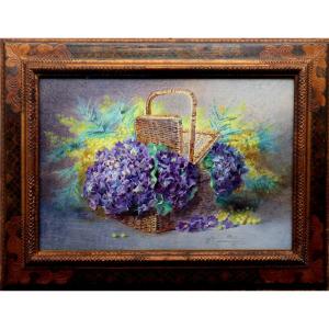 Blanche Odin : "large Watercolor With Violets And Mimosa"