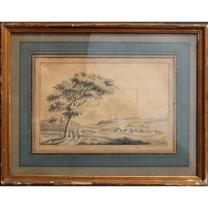 Early 19th Century French Drawing : "peasants At Oak Tree"