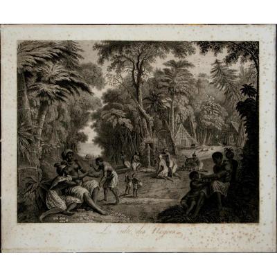 Large Estampe "the Cult Of Negres" Circa 1800