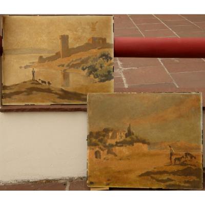 Pair Of Landscapes With Figures Russia 1920