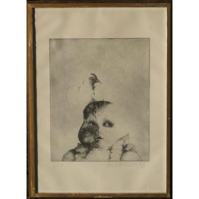 Hella Rost : Surrealistic Engraving "the Pigeon Child"