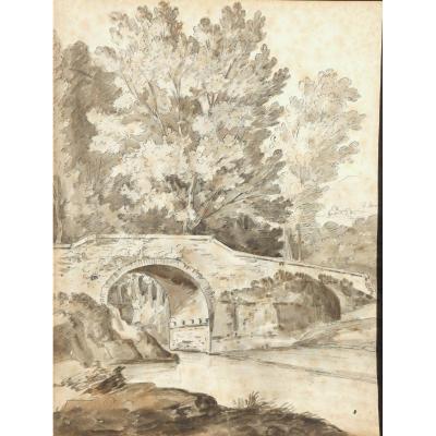 Large Drawing XVIIIth : "landscape Wuith A Bridge"