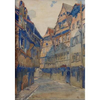 French School 1919 : Watercolor "old Street In Strasbourg"
