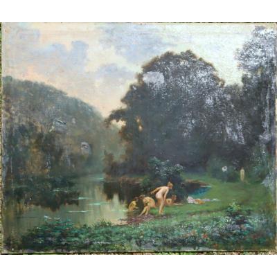 Alfred Plauzeau : "bathers Scared By A Hermit"