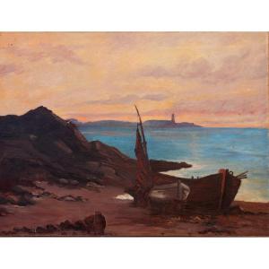 French School Circa 1900 : "grande Marine Aux Barques"