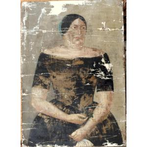 French Or American School Circa 1830 : "lady With A Rose"