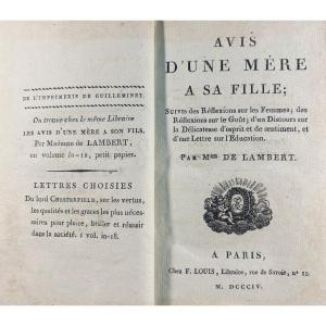 Lambert (marquise De) - Advice From A Mother To Her Son And Daughter. At Louis's, 1804. Bound.