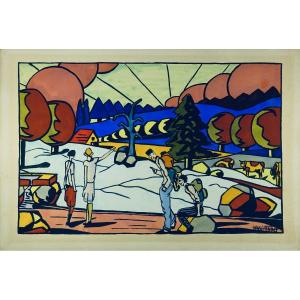 Vuillamet - Drawing Enhanced With Watercolor "walkers In A Hilly Landscape". Around 1920.