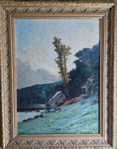 Paesaggio con picnic in riva al fiume. olio su tela di misure 54x73 cm cornice 73x94 cm