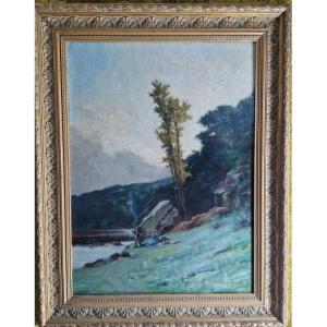 Paesaggio con picnic in riva al fiume. olio su tela di misure 54x73 cm cornice 73x94 cm