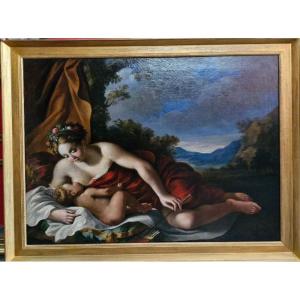Figura femminile con bambino in paesaggio