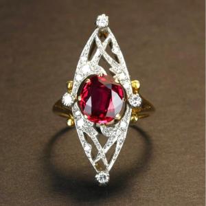 Antique Ring In Gold, Platinum, Ruby And Diamonds