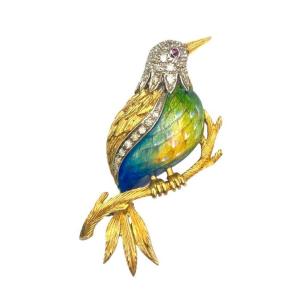 Vintage Brooch In Gold, Enamel, Diamonds And Rubies