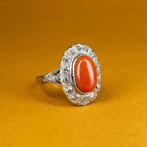 Antique Platinum, Diamond And Coral Ring