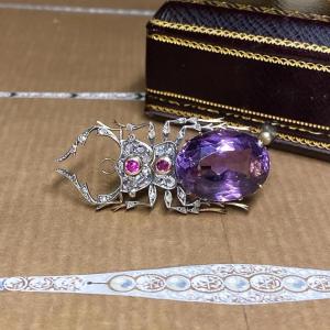 Antique Brooch In Gold, Silver, Amethyst, Diamond And Ruby