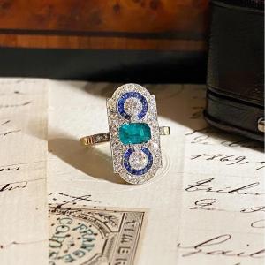 Gold, Sapphire, Emerald And Diamond Art Deco Ring