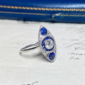 Art Deco Ring In Platinum, Sapphires And Diamonds