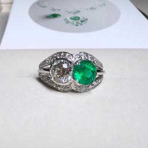 Vintage Platinum, Diamond And Emerald Ring