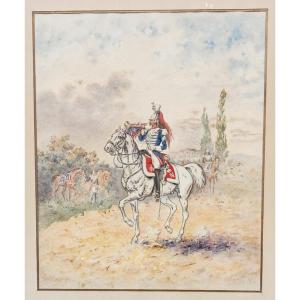 Trumpet Of The Cuirassiers, Imperial Guard Of Napoleon III. Watercolor Signed Perrin, Dated 1901