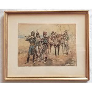 General Of The 1st Empire On The Battlefield, Surrounded By His Officers. Drawing, Signed Study 