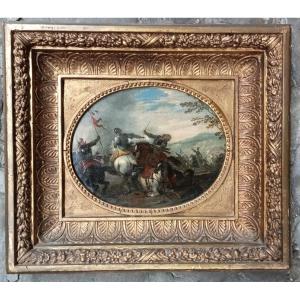 "clash Of Cavalry" Oil On Panel, 17th Century, Combat, Battle, French School 