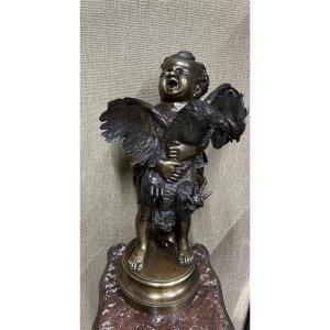 Bronze Sculpture Child With Rooster 0.63m Hauteur, Signed Cecioni 19th Century 